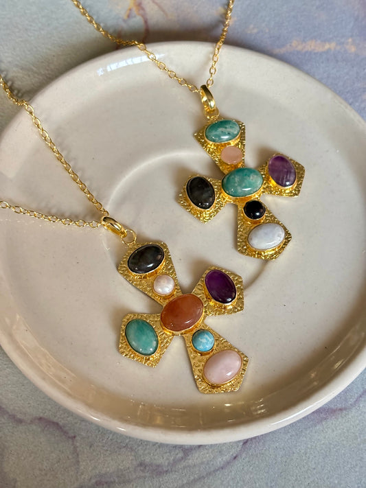 Cross Natural Stone Necklace- Brass