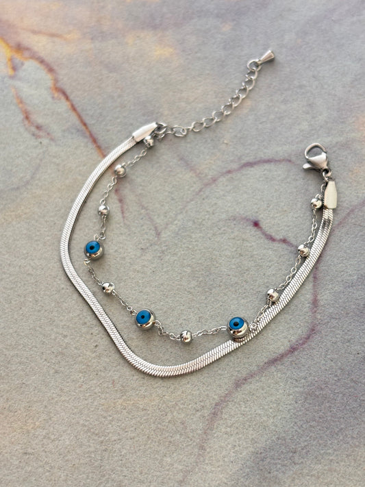 Silver Evil Eye Layered Bracelet