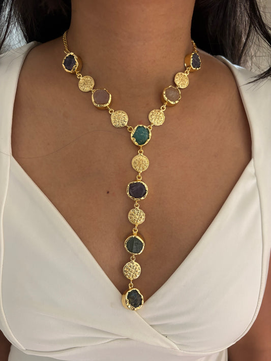 Vintage Y-Drop Multicolor Natural Stone Necklace -Brass