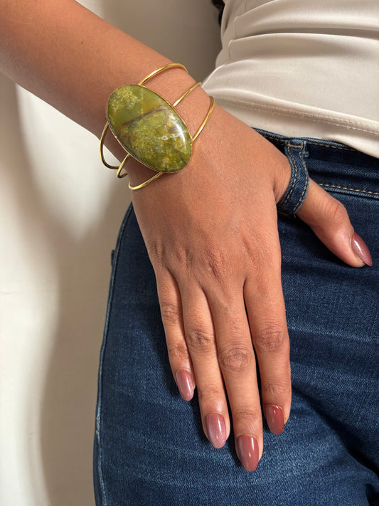 Green Jasper Natural Stone Adjustable Cuff- Brass