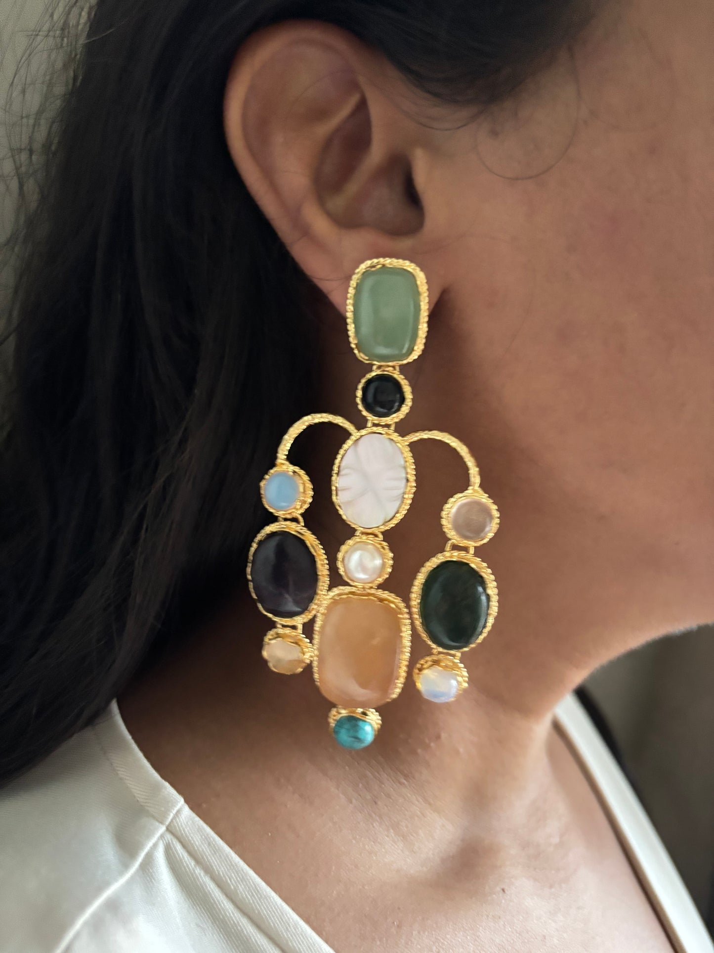 Gaze Natural Stone Danglers -Brass