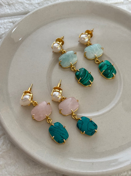 Misty Pearl Natural stone Earrings- Brass