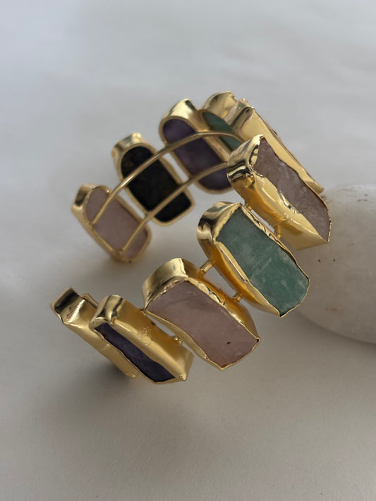 Multicolor Natural Stone Adjustable Cuff - Brass