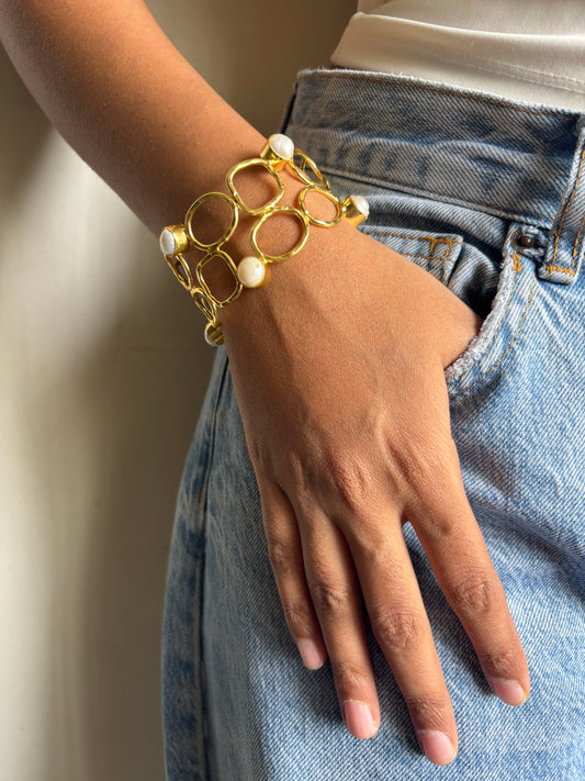 Maze Pearl Adjustable Cuff- Brass