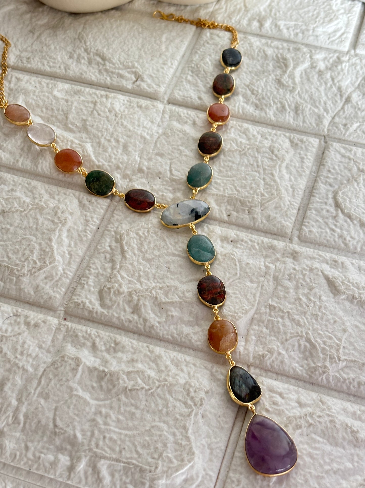 Veronica Natural Stone Y Necklace Brass