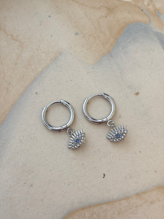 Silver Studded Evil-Eye Huggies